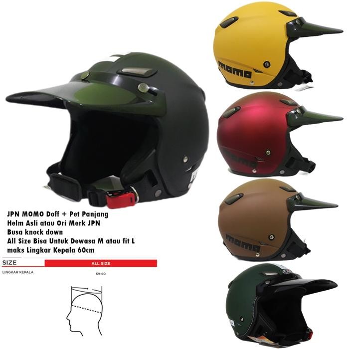 Helm Retro Klasik Mod Pilot Jpn Momo Hitam Doff Pet Panjang Semi Cross Pasti Ori