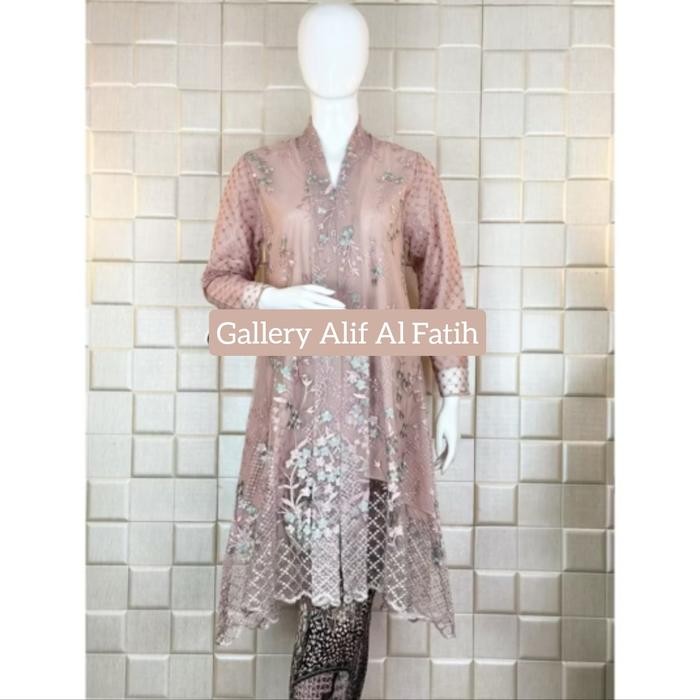 Tunik kebaya bunga garden brukat tangan kotak payet mewah rok plisket M L XL XXL rosegold OC