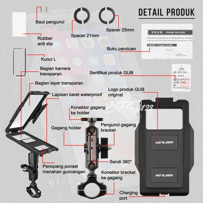 Gub Plus17 Phone Holder Handphone Waterproof Anti Air Hujan Rotate 360