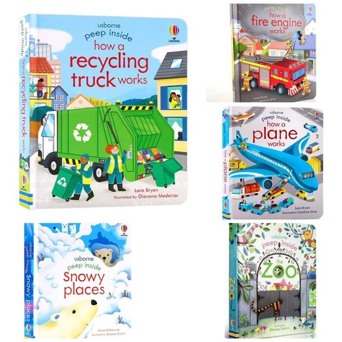 

Usborne Peep Inside Board Book Flaps - Fire Engine Snowy Place Zoo Recycling Truck Plane Buku