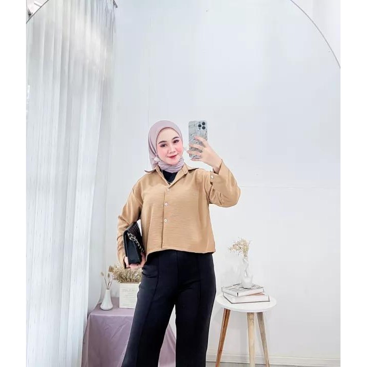 Kemeja Crop Crinkle Wanita Jumbo Premium