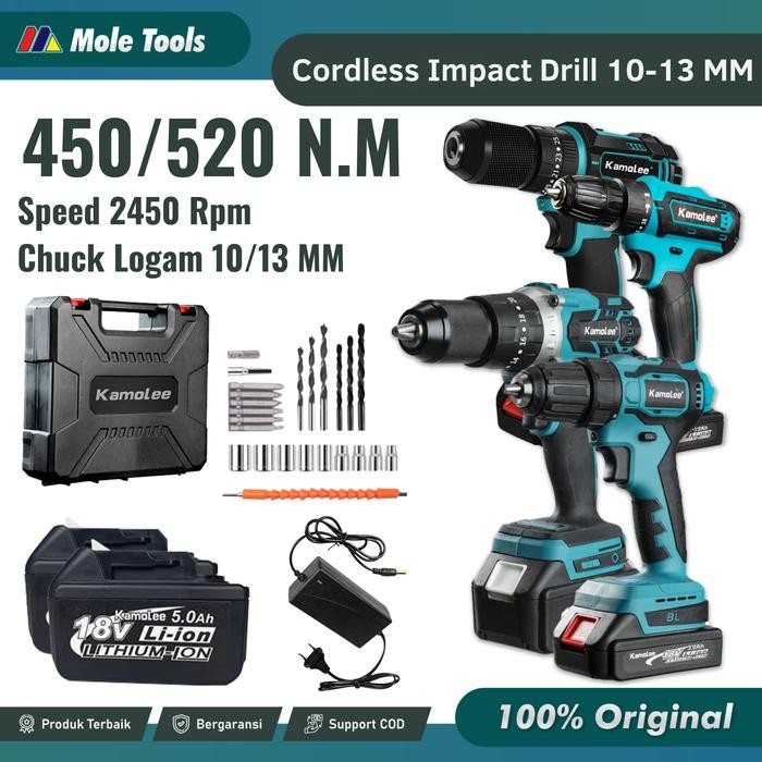 Bor Baterai 13mm Kamolee - Bor Listrik Cordless Impact Drill Torsi Max 520N.m-10mm/13mm - Mesin bor