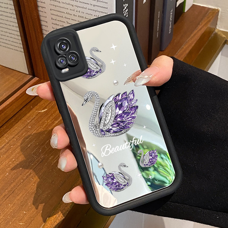 Casing Hp Untuk VIVO V20 VIVO V20 Pro Case Angsa Berlian Ungu Mewah Cermin Kasing pelindung Kesing S