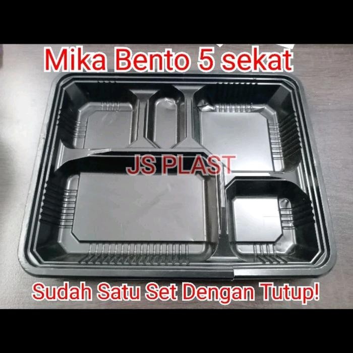 Terbaru Mika Bento 5 Sekat Isi 50 Set + Tutup Tray Kotak Makan Nasi Lauk Sayur