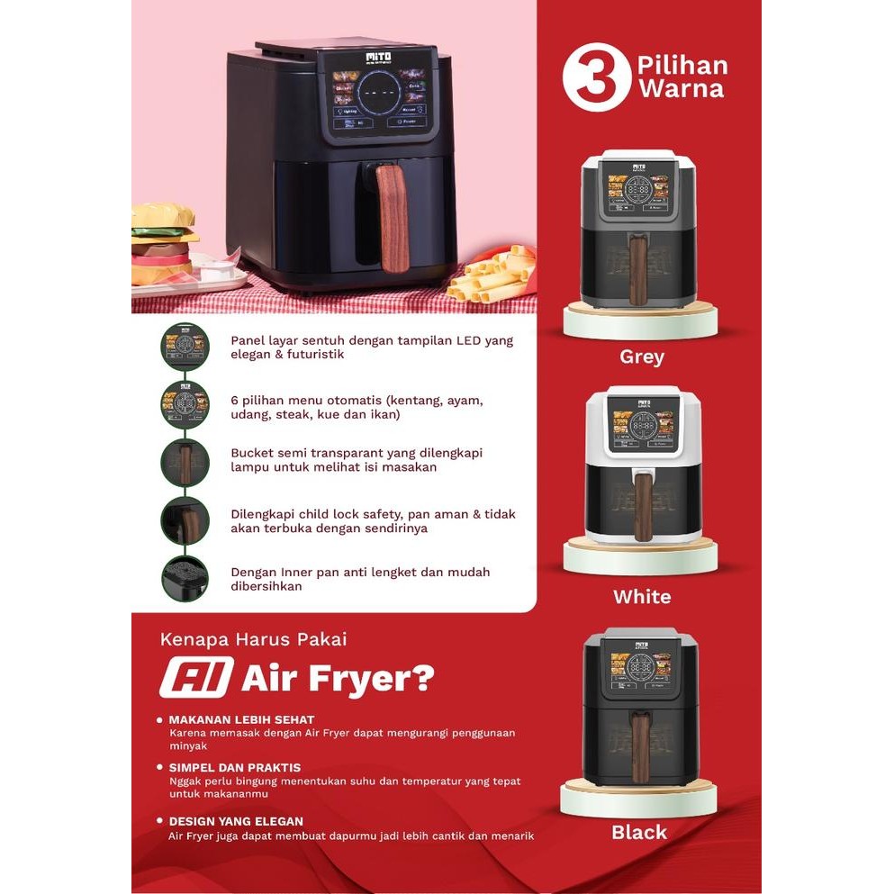 Mito Air Fryer Af6 Transparan 5 Liter Smart Ai-Fryer 5L Mitochiba Digital Ai Frayer Af 6