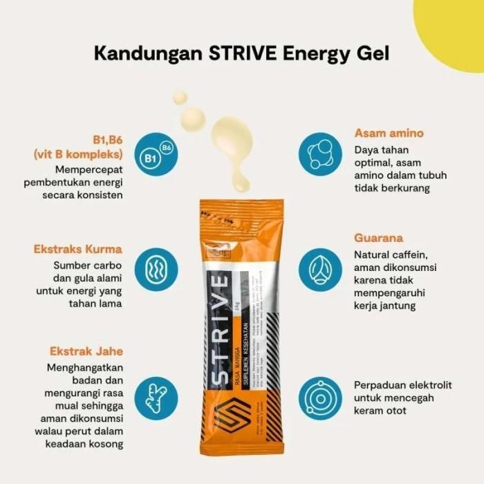 

STRIVE ENERGY GEL 24G MANGGA MARKISA NANAS UNTUK SUPPLEMEN TENAGA LARI SEPEDA TRIATHLON - 1 BOX ISI