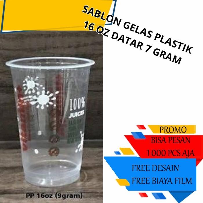 SABLON GELAS PLASTIK CUP 16OZ DATAR 7GRAM BENING TEBAL LOGO 1 WARNA