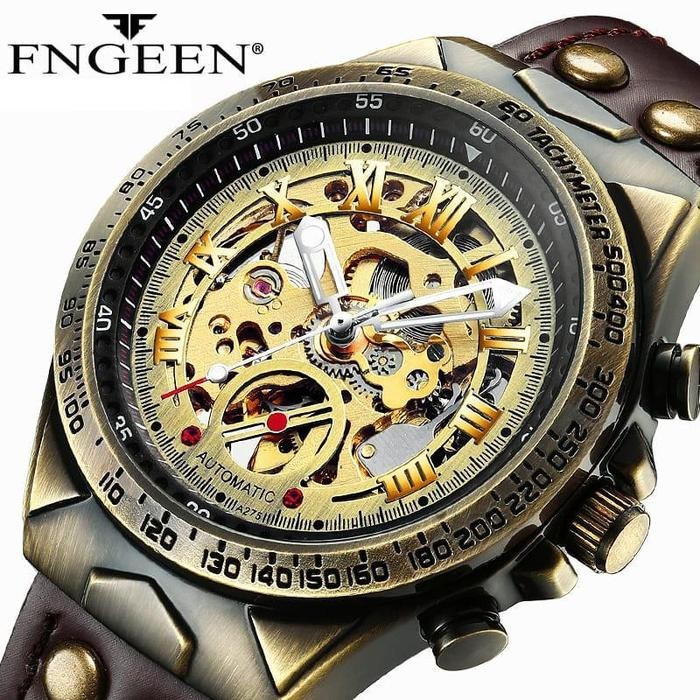 Fn-043 Fngeen Automatic Jam Tangan Pria Mechanical Waterproof Casual Otomatis Kaca Kulit Watches