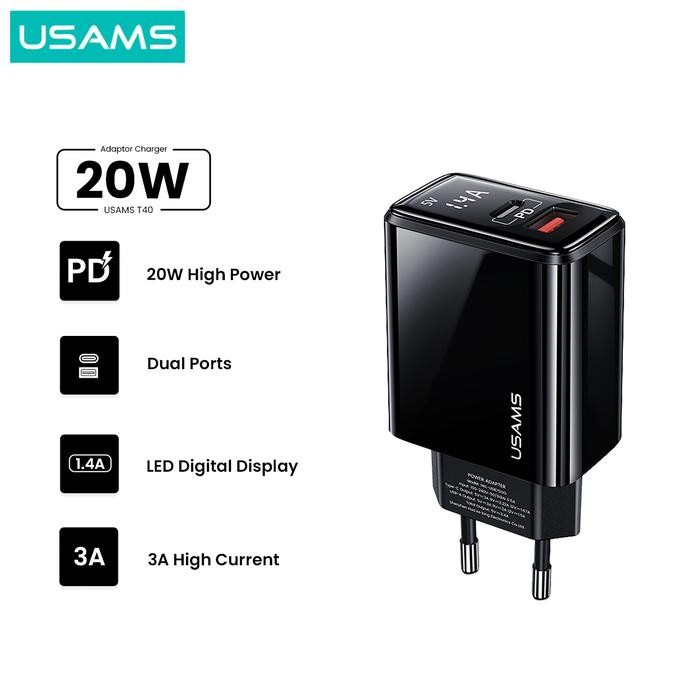 Terlaris Usams T40 Adapter Charger Fast Charge Digital Display Qc3.0 Pd 20W