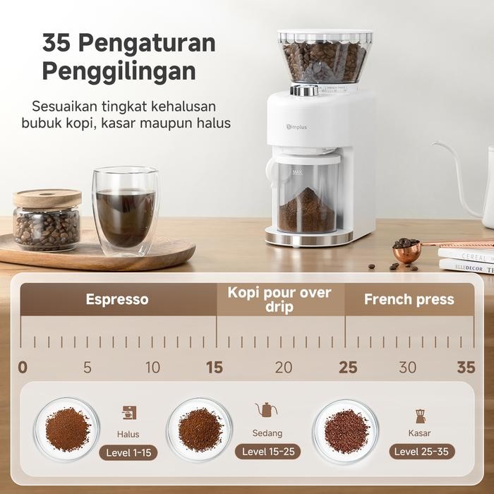 Simplus Coffee Grinder Penggiling Biji Kopi Elektrik 35 Pengaturan Penggilingan Dengan Cup Takaran