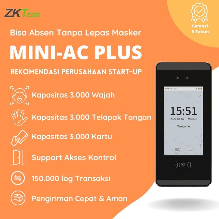 Mesin Absensi Wajah & Kartu RFID Zkteco Mini Ac Plus Support Wifi dan Akses Kontrol Garansi 5 Tahun