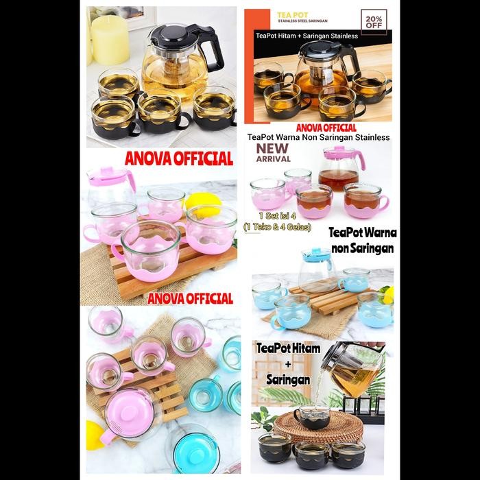 TEAPOT GELAS KACA. SET TEKO TEA POT SARING STAINLESS . WARNA & HITAM