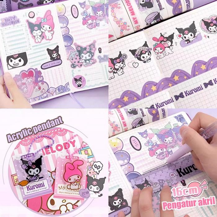 

Sanrio Luxury Notebook Fullset 9 In 1 Gift Box /Diary Gift Box Kuromi & Melody /Notebook Kuromi Set