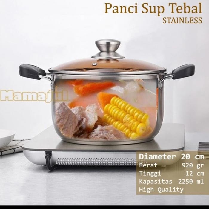 Subron Panci Sup 20 Cm Stainless Tebal Tutup Kaca