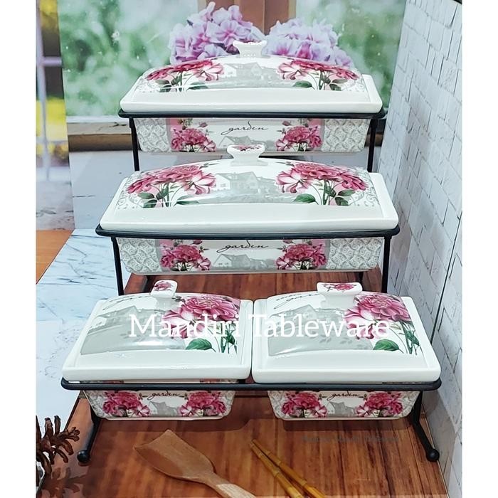 4 Set Prasmanan Persegi Keramik Model 3 Tingkat Mangkok Lauk Motif Garden Premium Quality