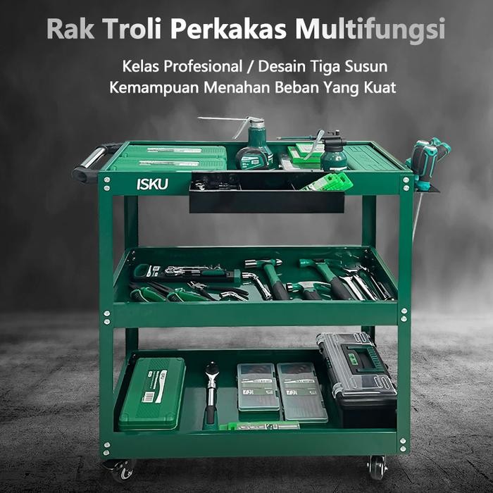 ISKU Troli Bengkel 3 Susun Trolley Trolly Besi Rak Tools Meja Bengkel