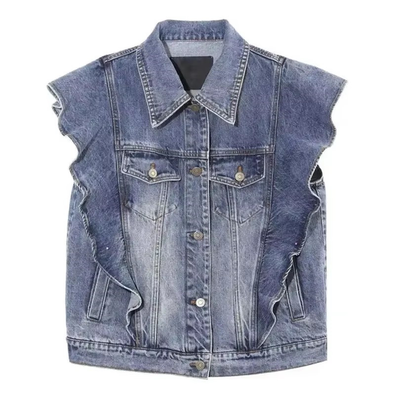 Vintage Polo Collar Waistcoat Ruffles Edge Denim Vests Women Single-Breasted Sleeveless Jean Jacket