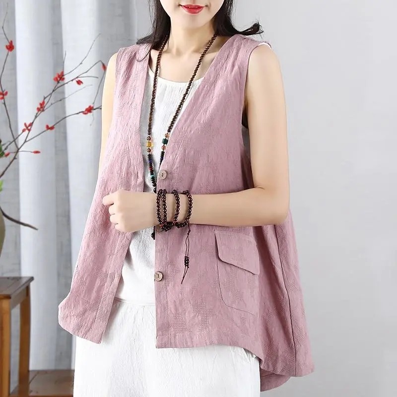 Fashion Retro Cotton Linen Vest Women'S Waistcoat V Neck Loose Sleeveless Vest Coat Thin Cardigan