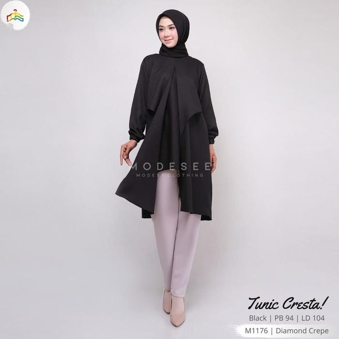 Tunik Panjang Hitam Polos Layer Cresta Wanita Muslim M1176 - COD