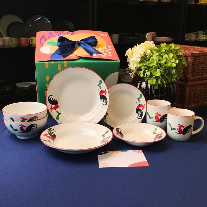 Kopin Hampers Piring Makan Keramik Ayam Jago Series Isi 8