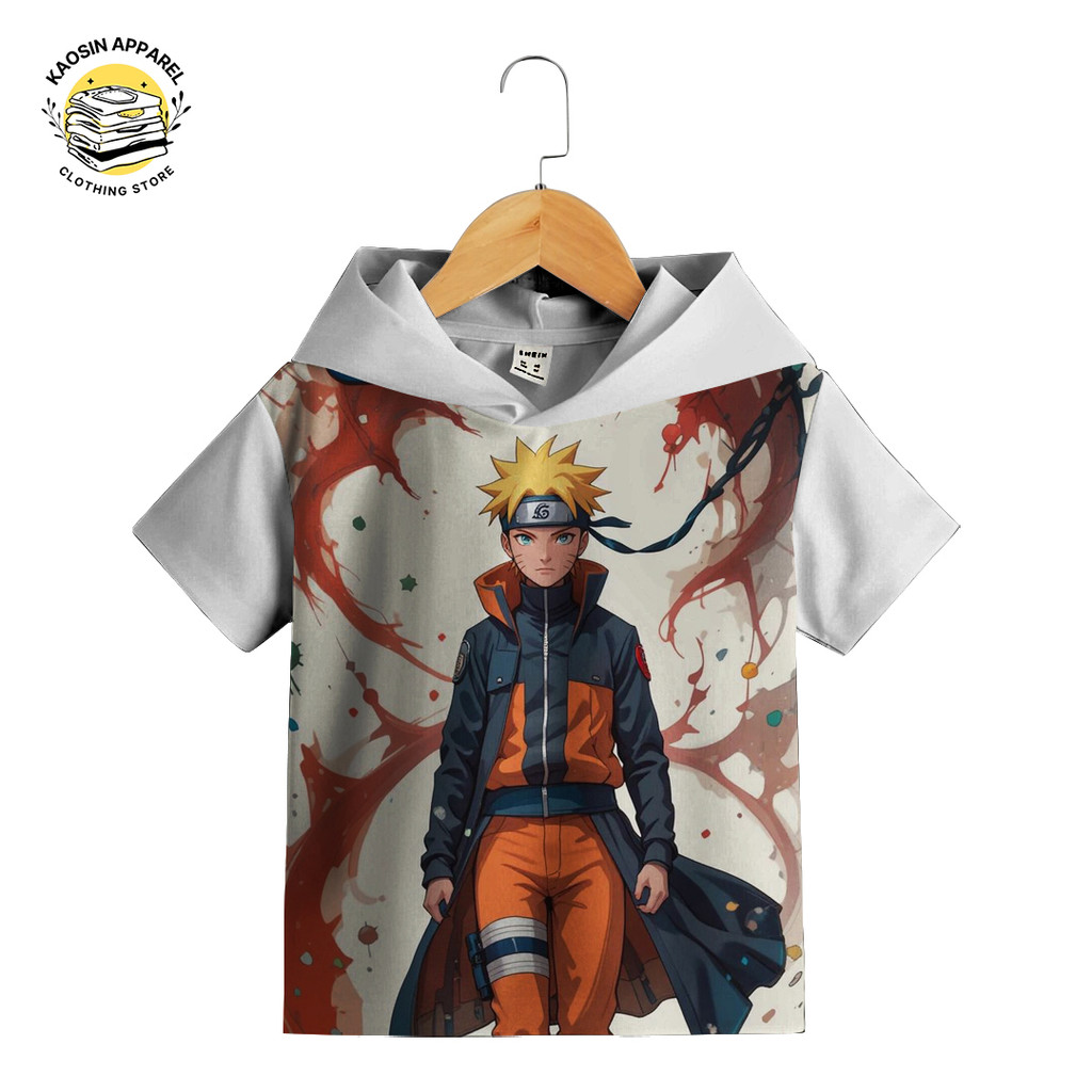 Baju Kaos Hoodie Anak Lucu Imut Animasi Naruto Putih S1 Gambar 3D Bisa Custom