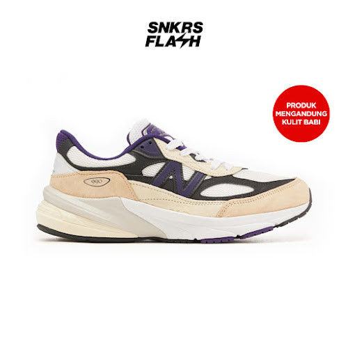 NEW BALANCE 990 V6 Made In Usa White Black Plum Sepatu Sneakers Pria - U990WB6 - Size 44