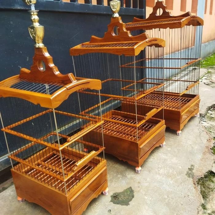 PREMIUM Sangkar burung kayu jati "emas" tiang stainless alas papan