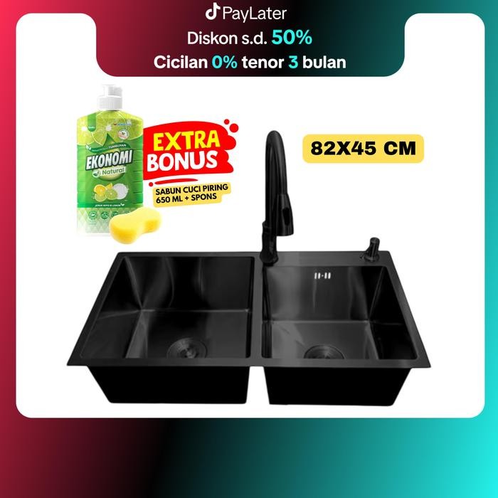 PREMIUM Kitchen Sink 2 Lubang Wastafel Cuci Piring 2 Lubang Bak Cuci Piring 2 Lubang Stainless Steel