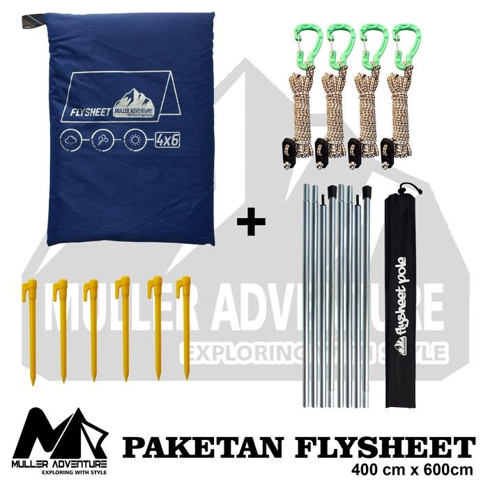 PREMIUM paketan flysheet set 4x6 meter incule tiang, tali flysheet, pasak abs