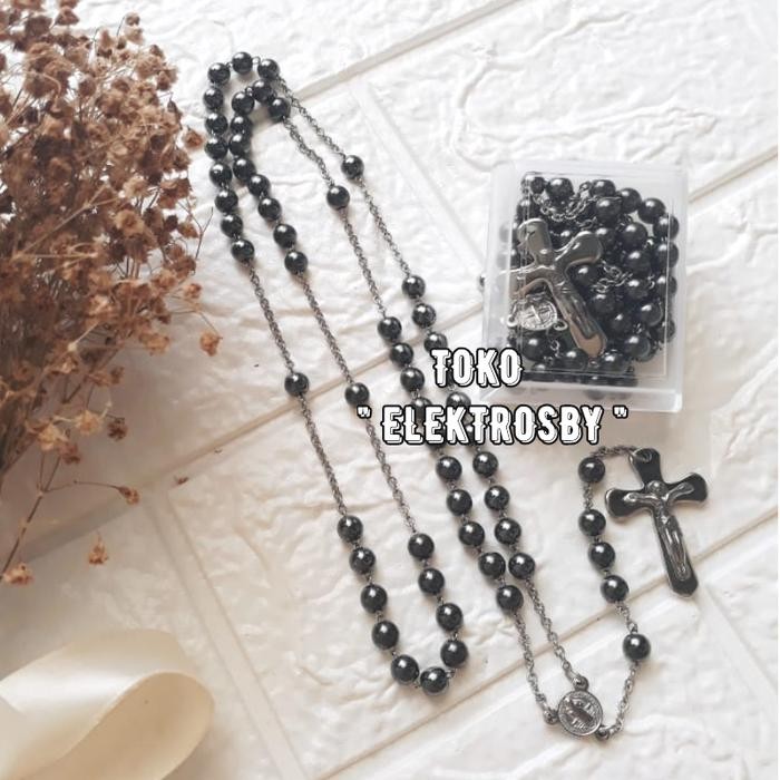 Kalung Rosario Batu, Salib Monel/Besi Putih "Asli Tdk Karat" Terlaris