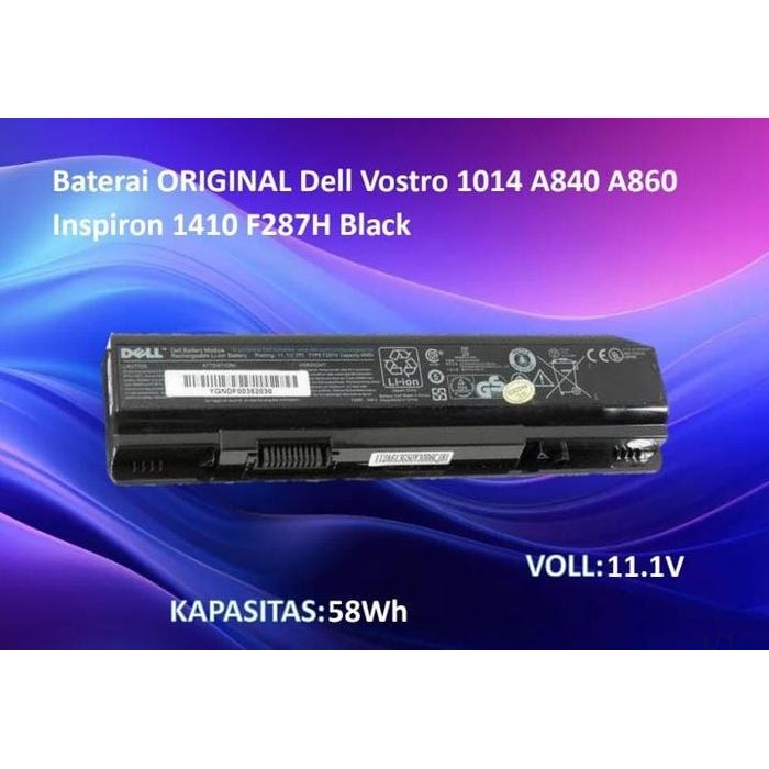 Baterai ORIGINAL Dell Vostro 1014 A840 A860 Inspiron 1410 F287H Black
