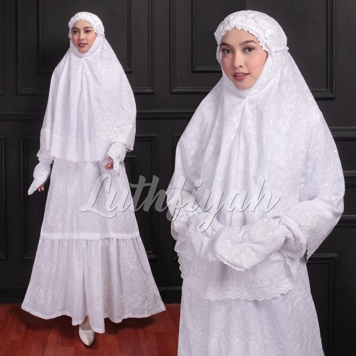 Baju Umroh Wanita Model Satu Set Gamis Bergo Sarung Tangan Katun Poliester Polos Bunga Putih Haji