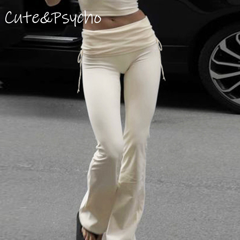 Cuteandpsycho Casual Drawstring Shirring Flare Pants Solid Chic 90S Chic Trousers For Women