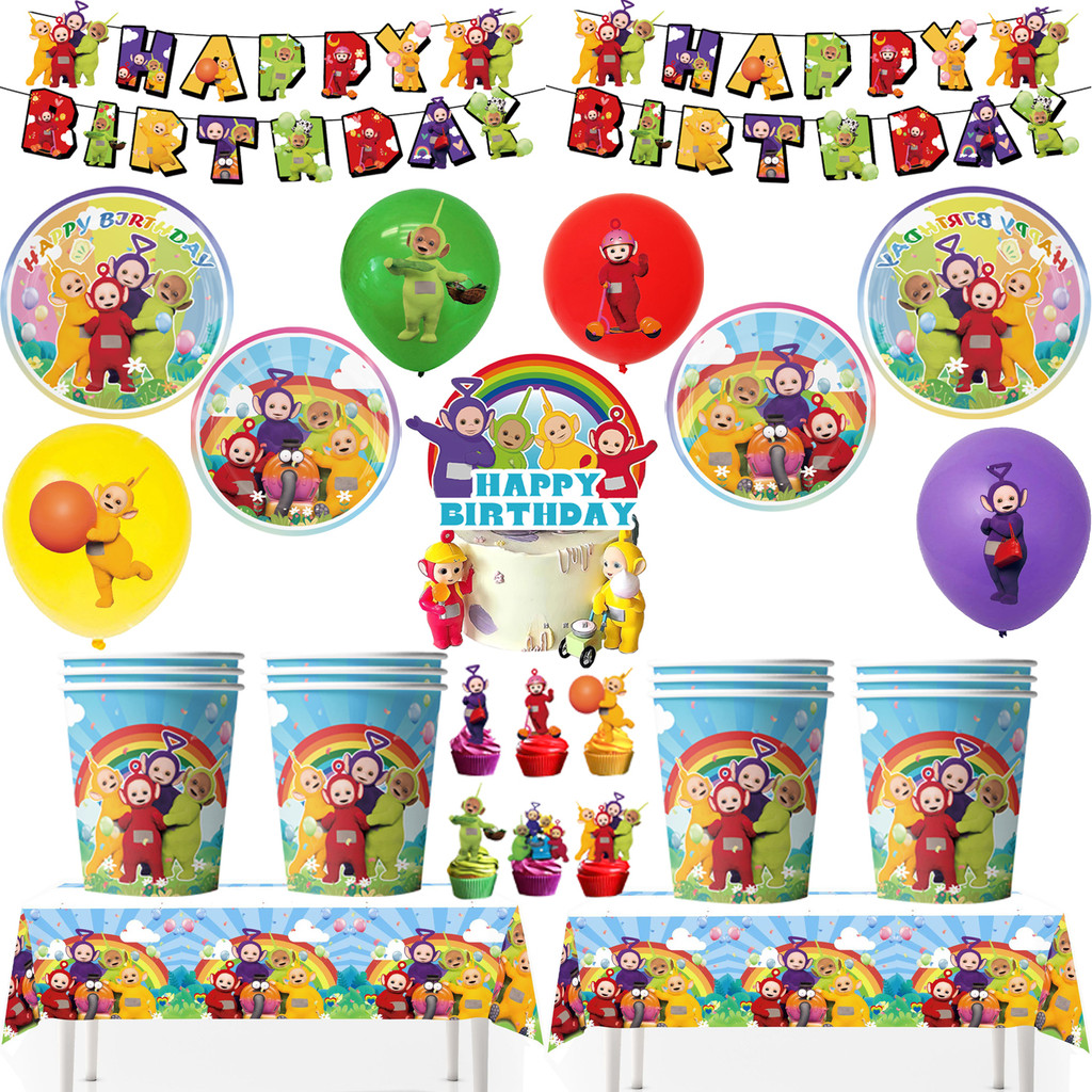 Cartoon Teletubbies Birthday Party Decoration Disposable Tablecloth Plate Balloon Cake Topper Banner
