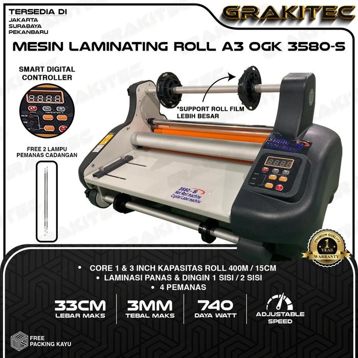 Grakitec Mesin Laminasi / Laminating Roll A3+ Ogk 3580S Hot ( Panas ) + Cold ( Dingin ) 4 Lampu