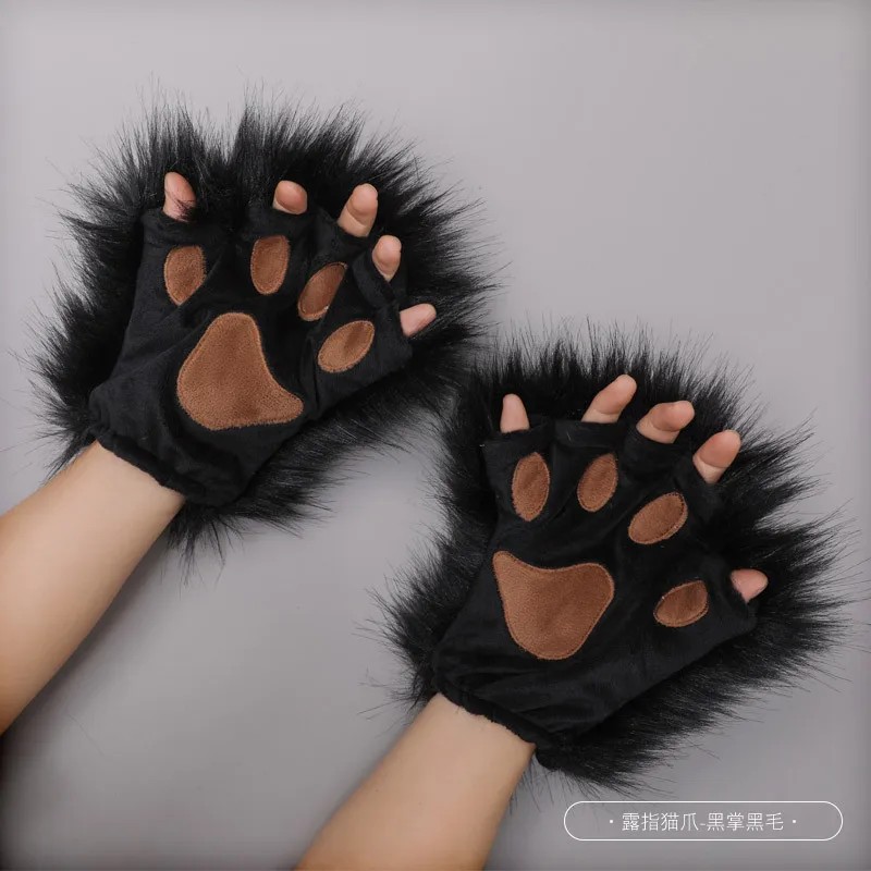 Sale Animal Paw Gloves Winter Fingerless Gloves Fluffy Bear Cat Plush Paw Claw Glove Half Finger