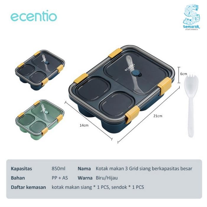 Ecentio Lunch Box 3 Grid Kotak Makan Plastik 3 Sekat PP BPA Free 850ml