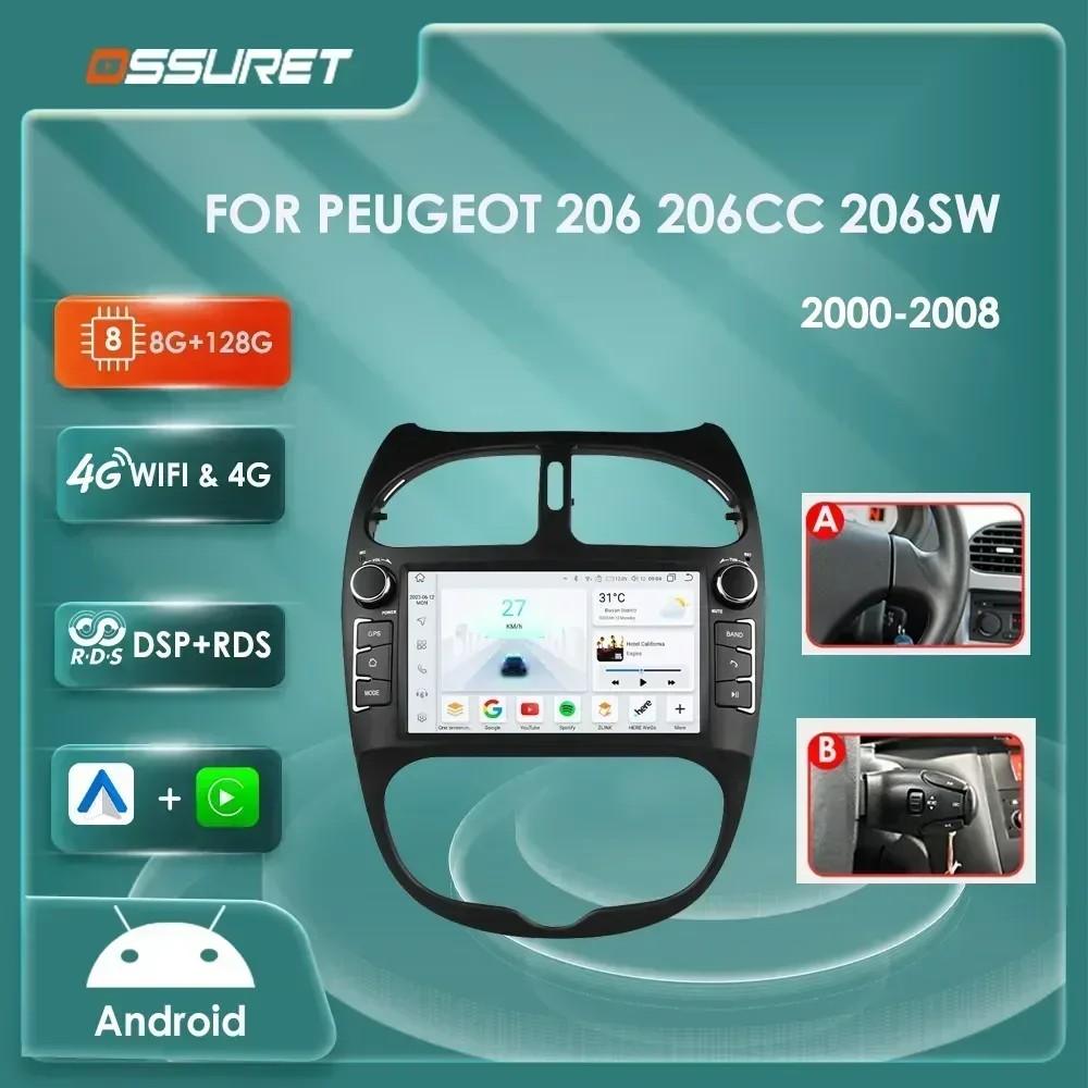 Android 12 Car radio for PEUGEOT 206 206CC 206SW 2000-2005 2006 2007 2008 Multimedia player GPS navi