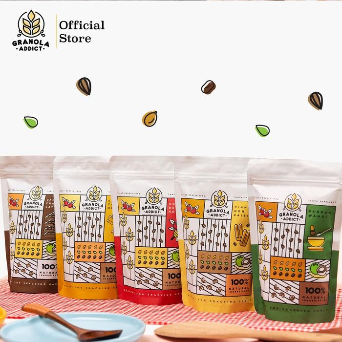 

Granola Addict - Paket Isi 2 * 150Gram, Boleh Campur Rasa (Dark Choco, Cinnamon, Cranberry, Caramel)