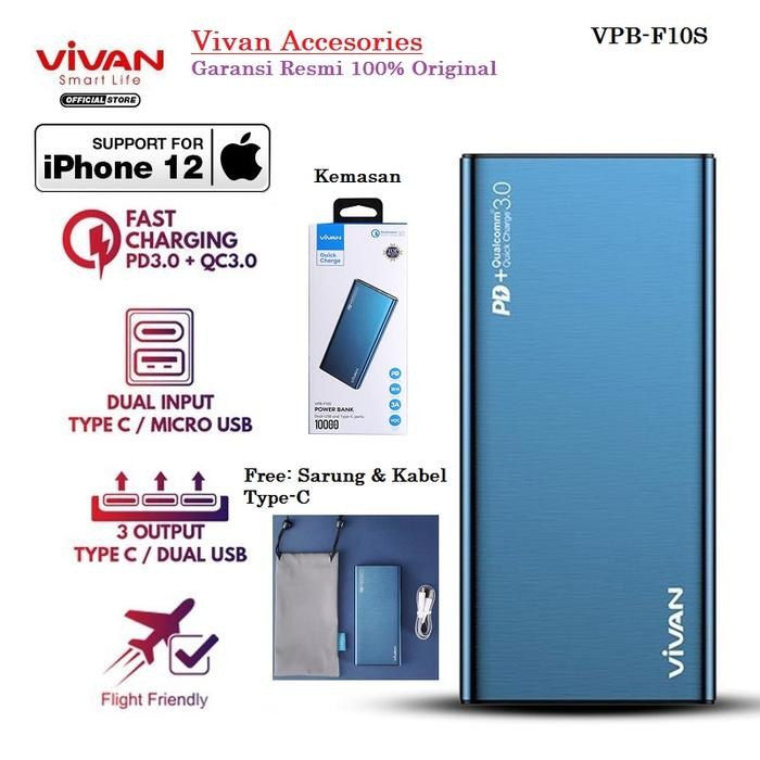 Powerbank Dual USB Vivan Power Bank 10000 mAh 18W VPB-F10S - Biru