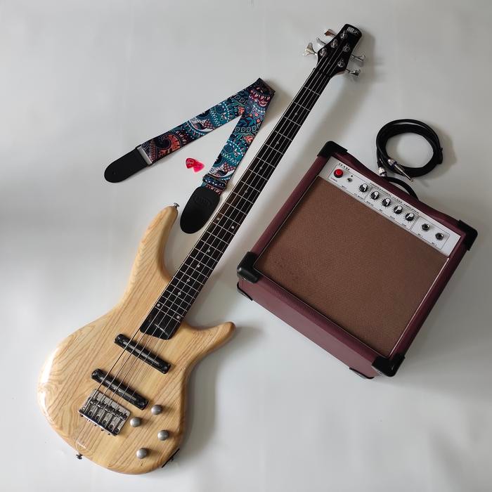 Bass Elektrik Ibanez SDGR 5 string natural Paket amply jack dan strap