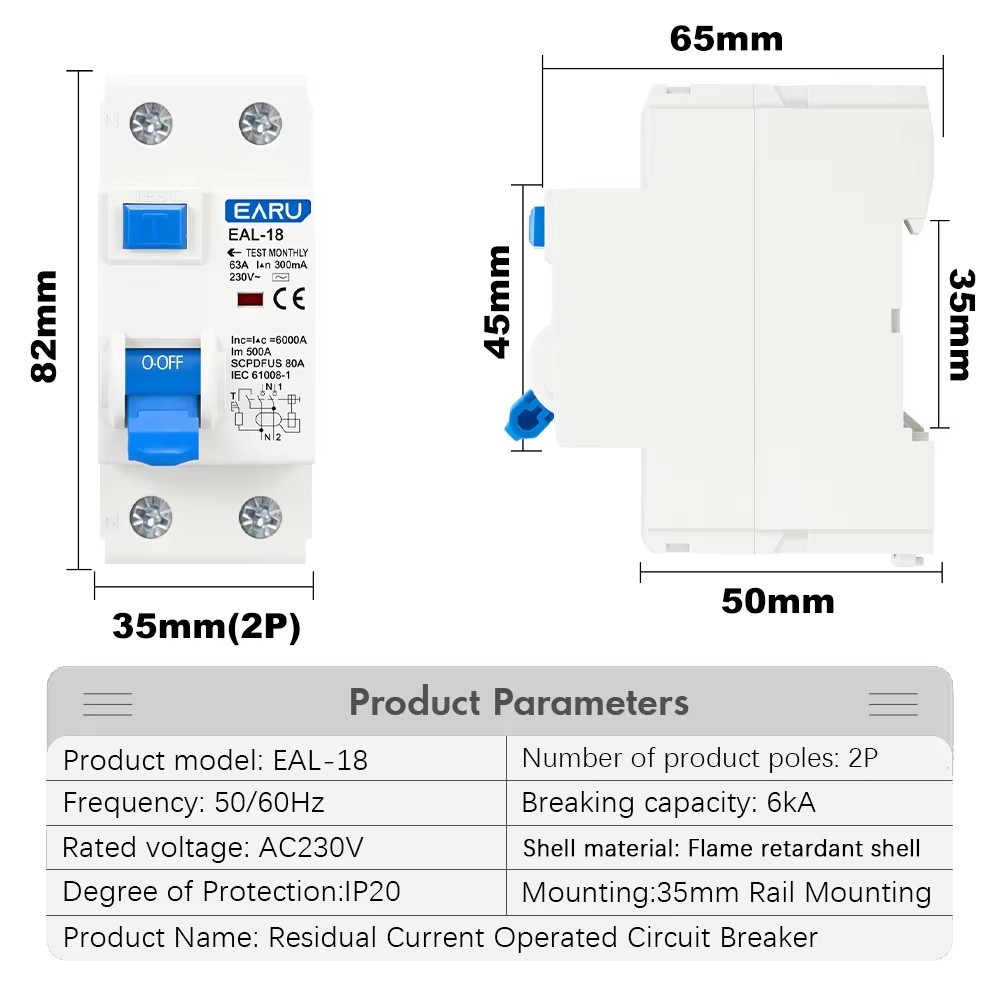 2P 10/30/100/300Ma Type A / Ac Rccb Rcd Elcb Residual Current Circuit Breaker Short Current Leakage