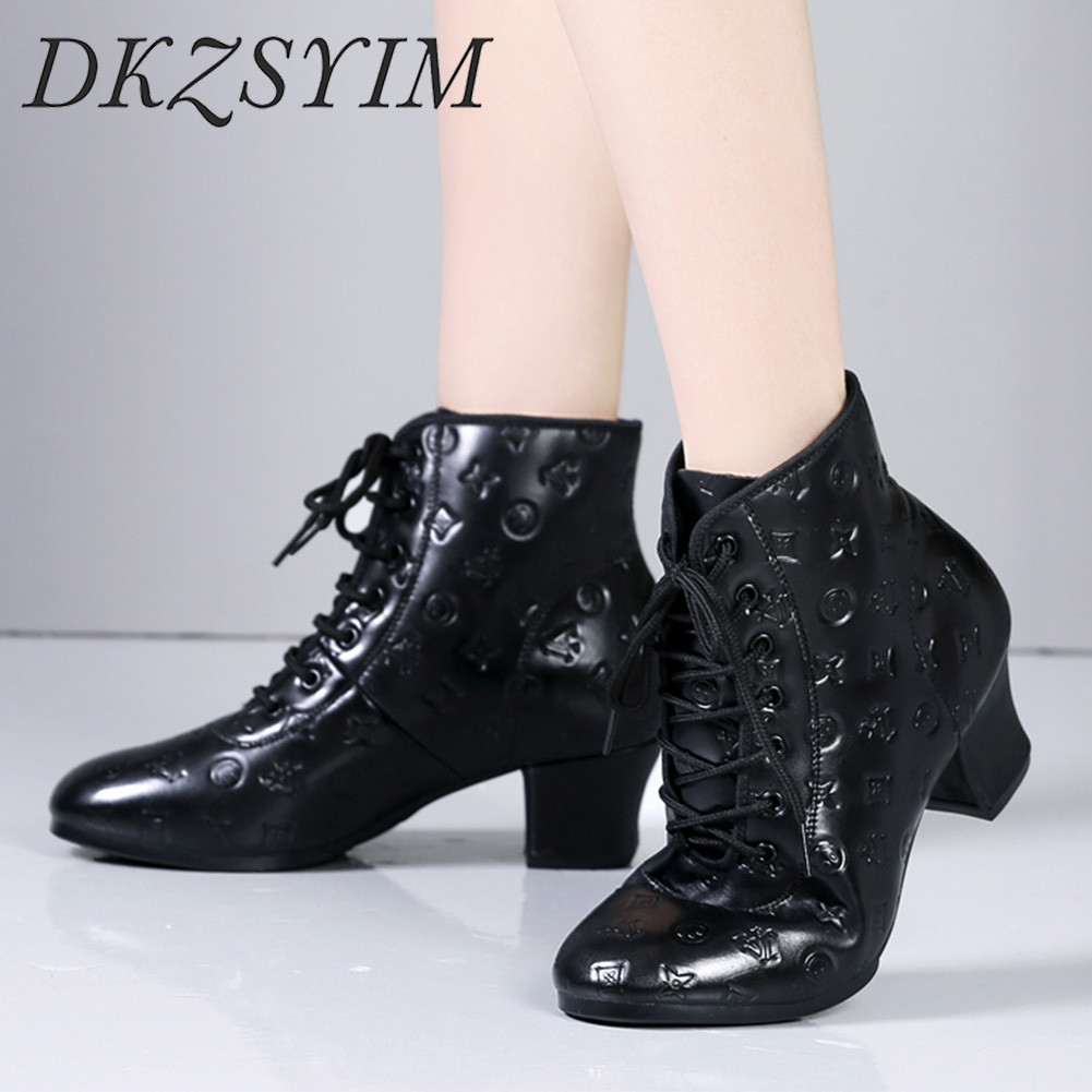 DKZSYIM Woman Ankle Boots Latin Dance Shoes White Black Rubber sole Dance Boots Salsa Tango Dancing 