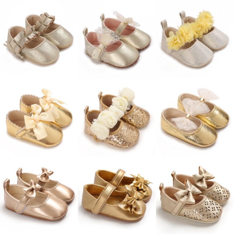 Gold themed 0-18M baby girl shoes fashionable and classic bow princess shoes soft sole comfortable