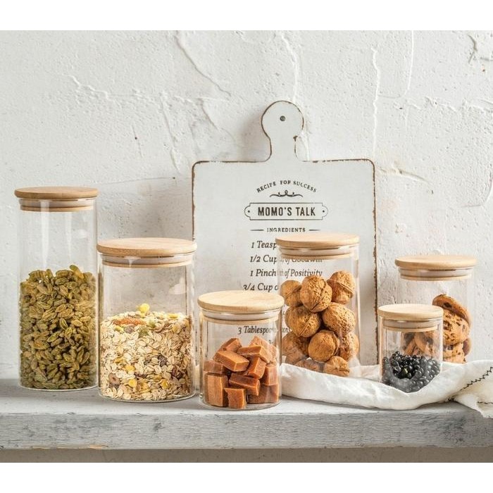 Tempat Bumbu Dapur/Toples Kaca Keramik Tutup Kayu/Toples Snack/Wadah Bumbu Dapur