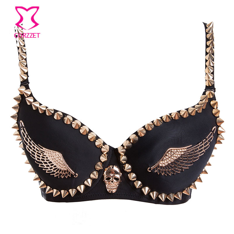 Exotic Lingerie Black Cotton Gold Stud Rivet Spike/Wings Women Sexy Brassiere Nightclub Steampunk Be