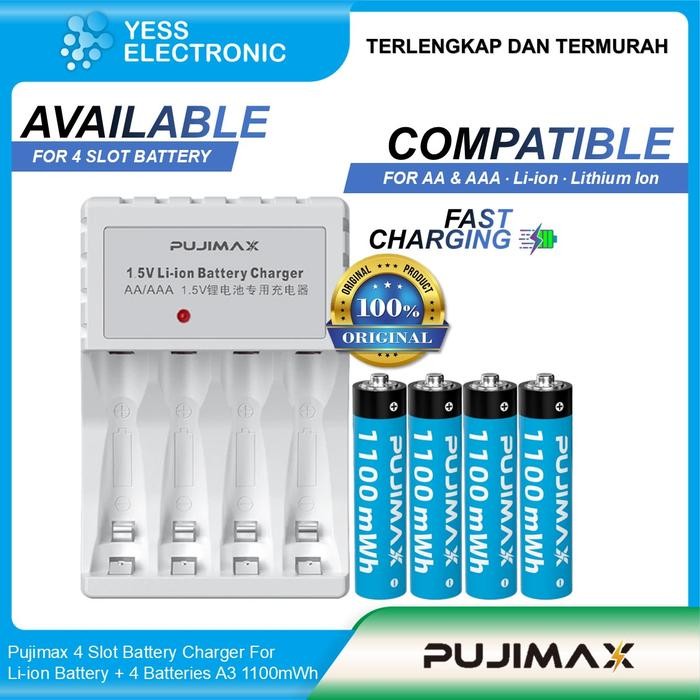 Pujimax Li-ion Lithium Battery Charger 4 Slot - New AAA A3 1.5V Li-ion Lithium Rechargeable Battery