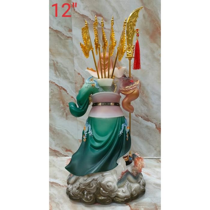 patung dewa kwan kung / kwan kong / kwan te / - 12 inch - marmer - 5 bendera - naga - 24