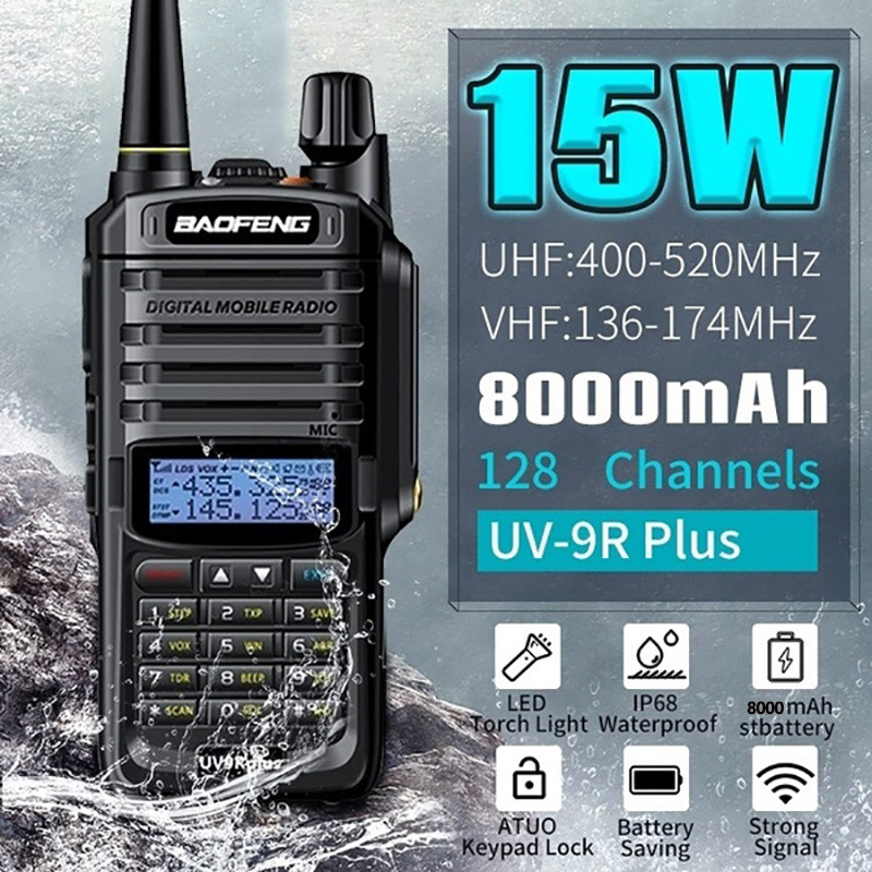 Baofeng Uv-9R Plus 15W Ip68 Waterproof Walkie Talkie Dual Band 16Km Long Range Portable Vhf/Uhf