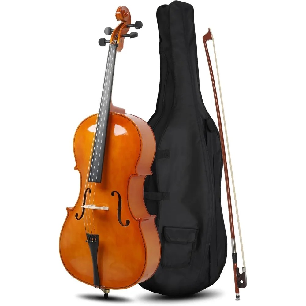 Full-Size Cello, Beginner Cello 4/4, Acoustic Cello Kit with Portable Bag, Bow, Bridge, Rosin,Adults